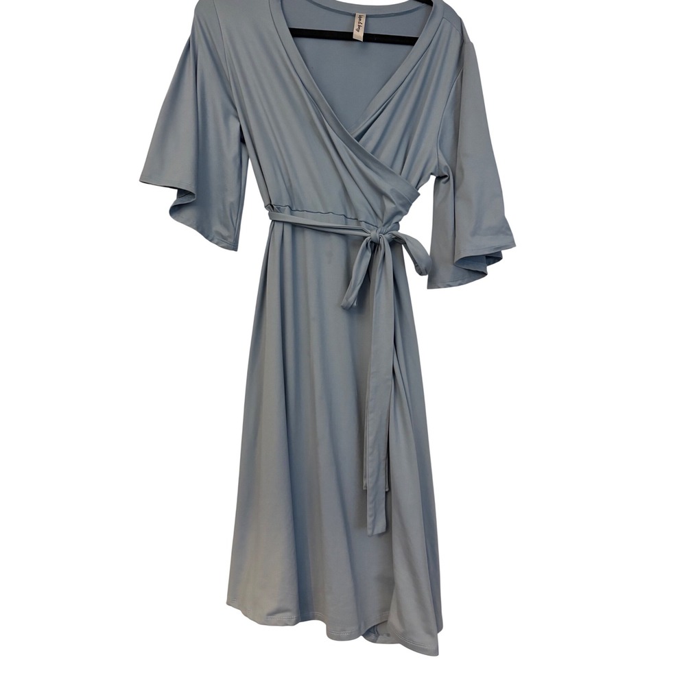 Wren & Ivory‎ Blue Wrap Dress Bell Sleeve Pocket Surplice DS1495-DTY Large